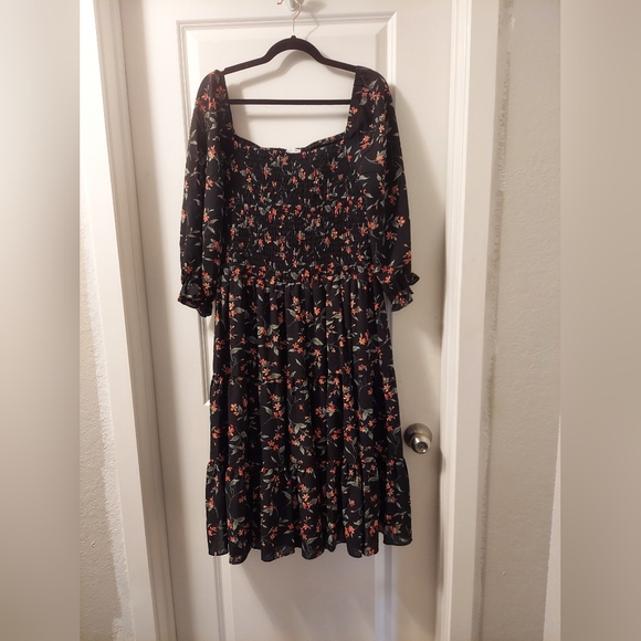 Born Dresses & Skirts - Baltic Born Black Floral Smocked Top Midi Dress 1XL
